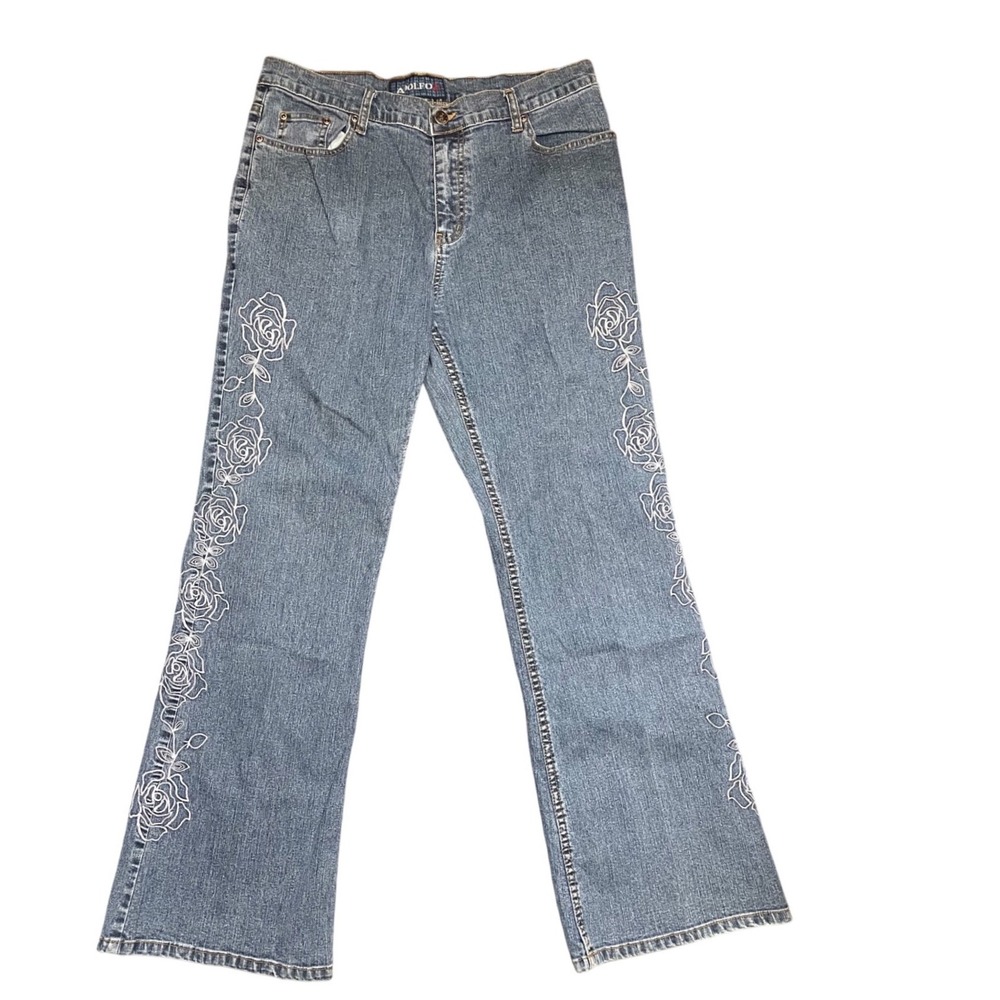 Womans Adolfo Floral Embroidered Flare Jeans Size 12